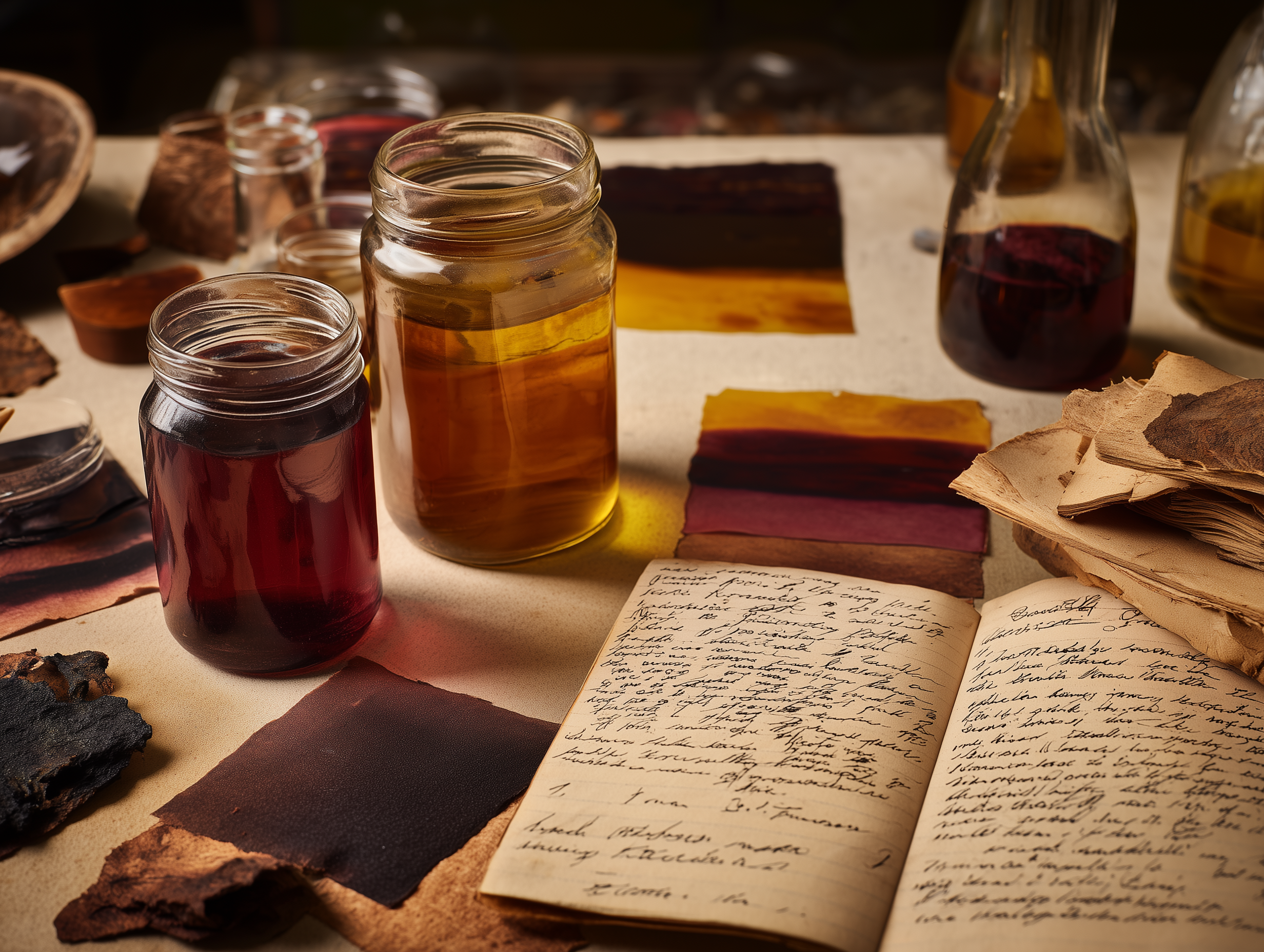 Jurema Preta dye extracts in glass jars alongside leather color swatches and field notes