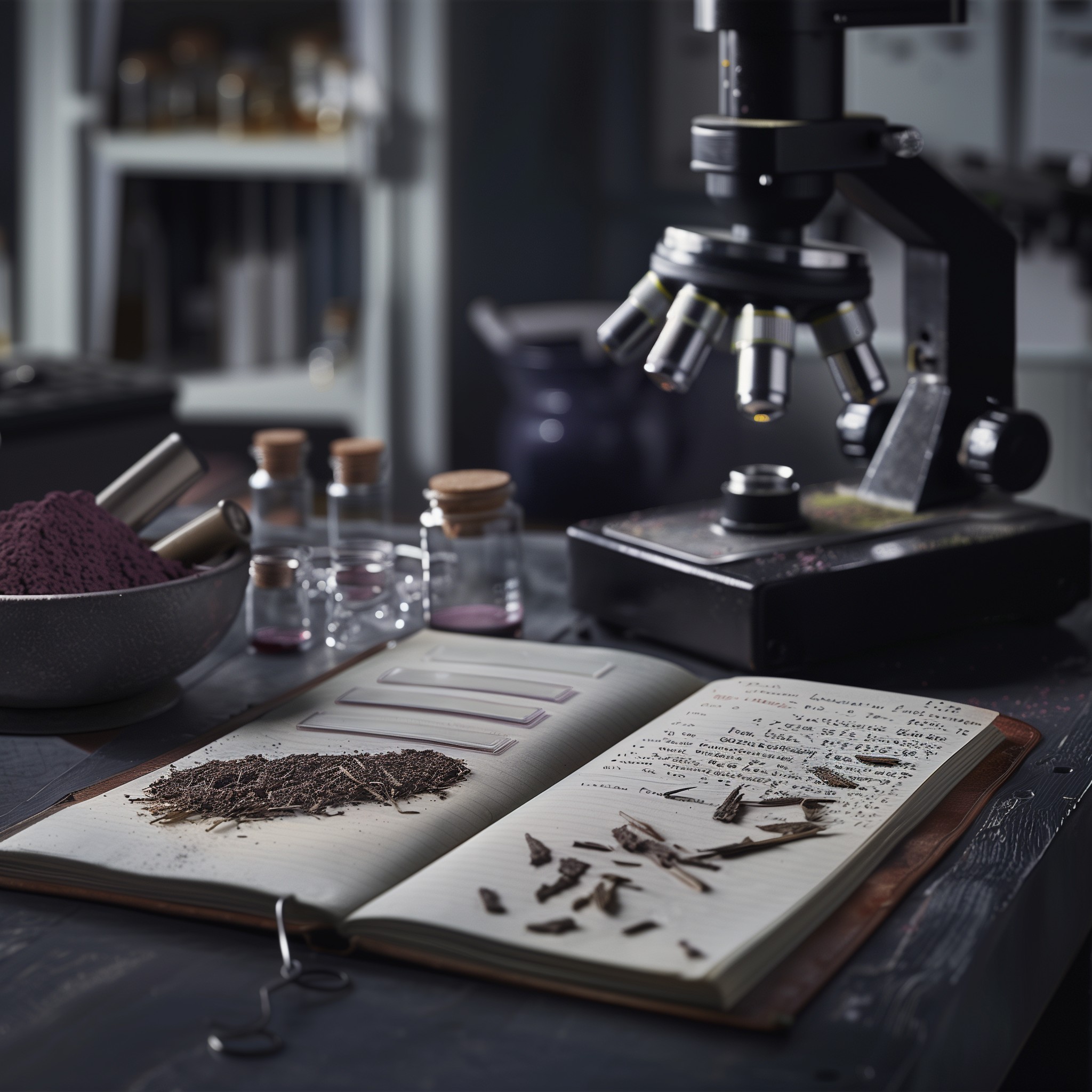 Modern botanical research laboratory with Mimosa hostilis extracts under analysis