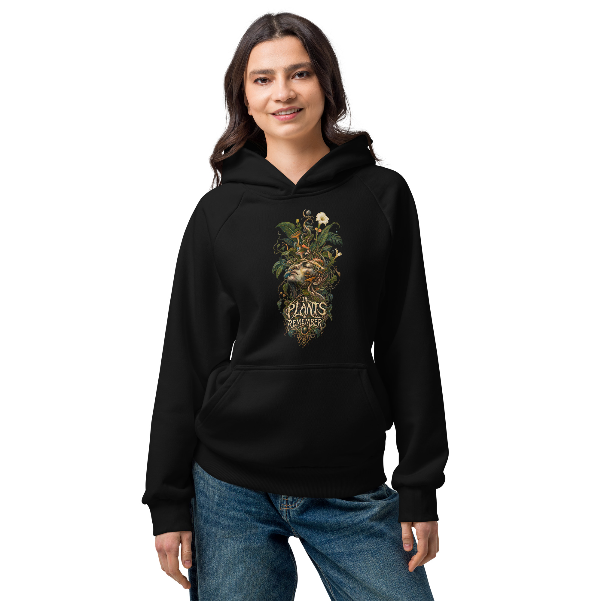 The Plants Remember hoodie female lifestyle front