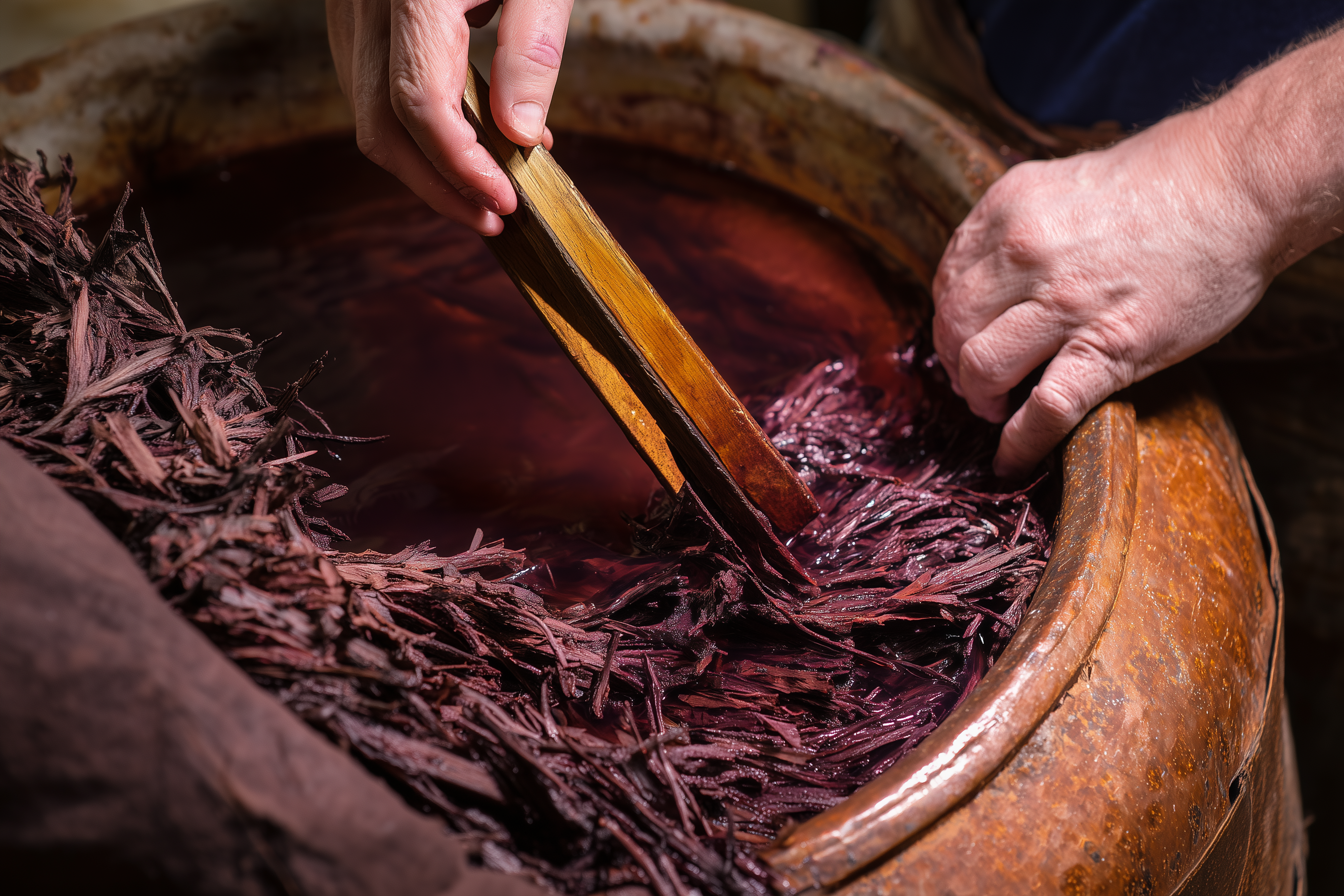 Artisan hands working Jurema bark in a leather dye bath