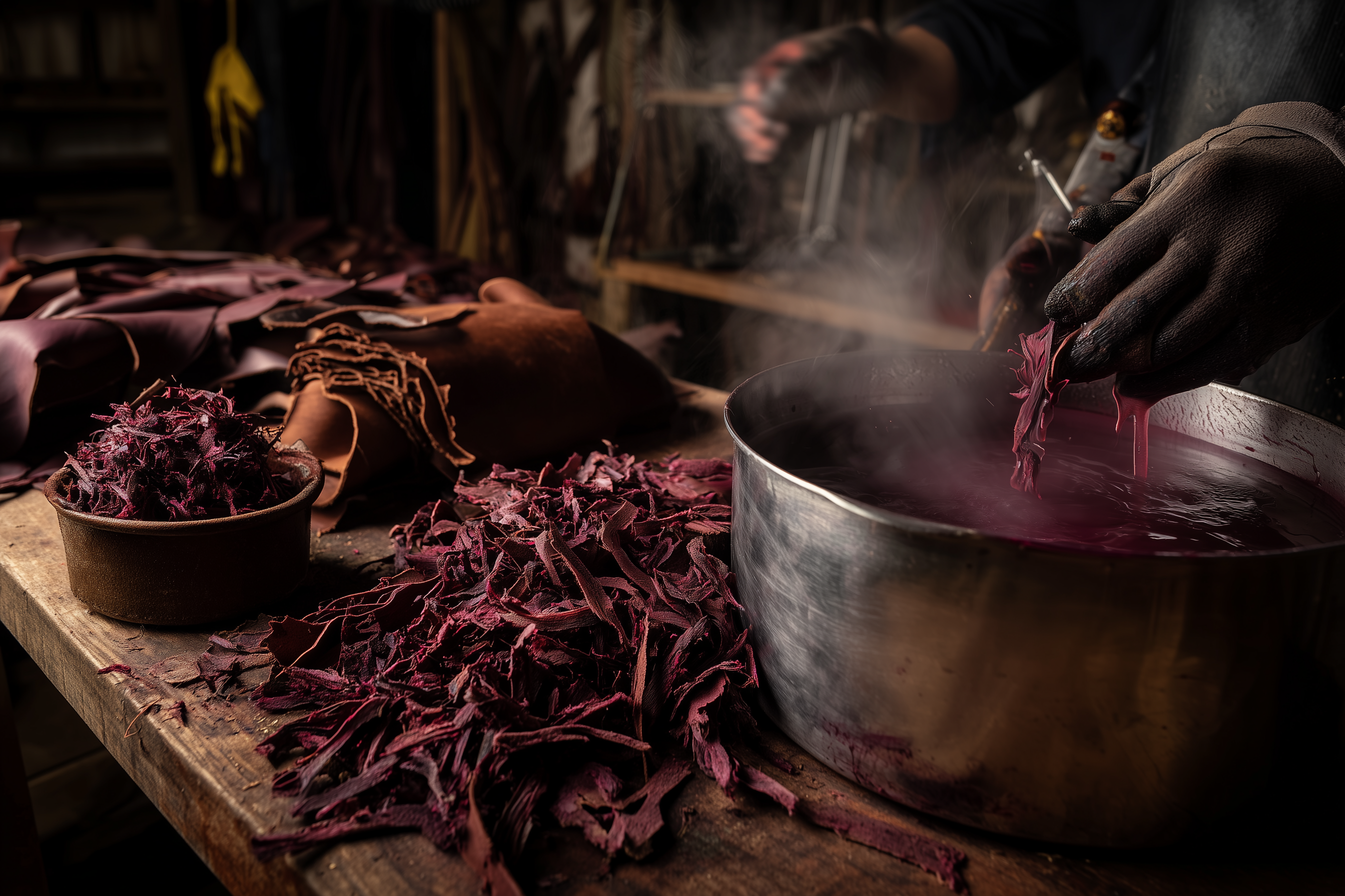 Artisan leather workshop with steaming Jurema bark dye pot and dyed leather hides